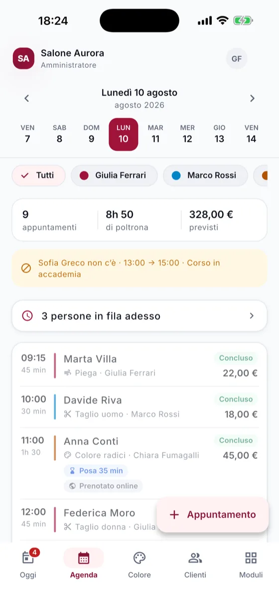 L’agenda del salone dal telefono: la giornata operatore per operatore, con durate, prezzi e chi aspetta in fila