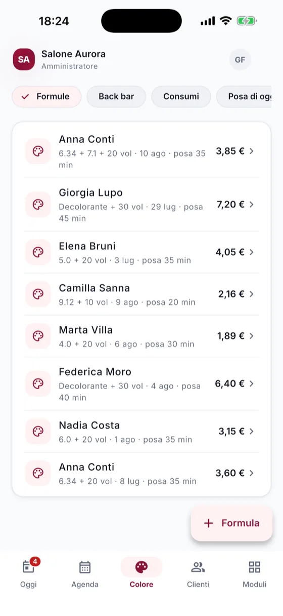 Il colore dall’app: le formule pesate al grammo con nuance, ossidante, minuti di posa e costo del materiale