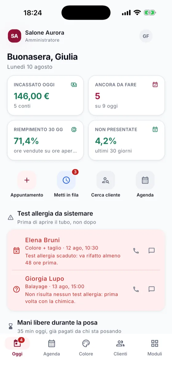 App per parrucchieri: la schermata «Oggi» con incassato, appuntamenti da concludere, i test allergia da rifare e chi sta in posa